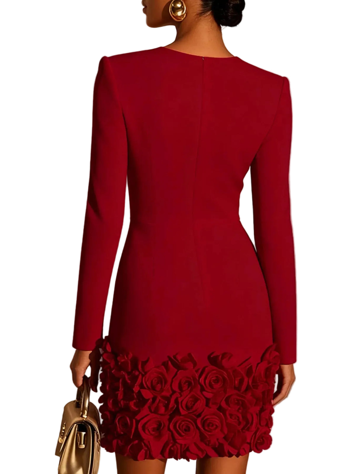 Back view of a red long-sleeve mini dress with raised roses covering the lower skirt.