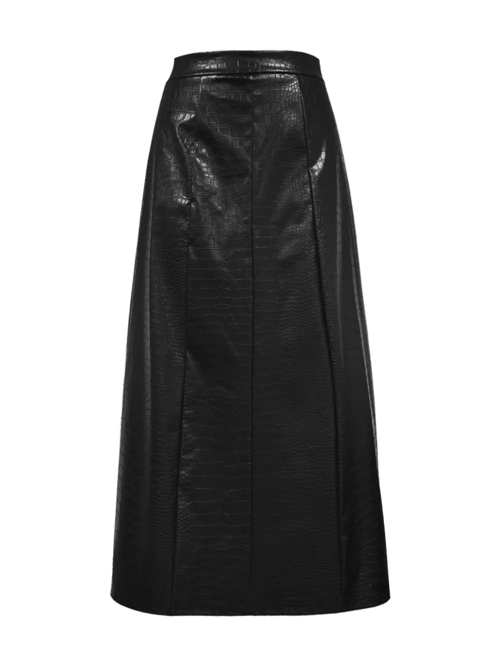 Black textured A-line midi skirt with a wide waistband and vertical panel seams, product view.