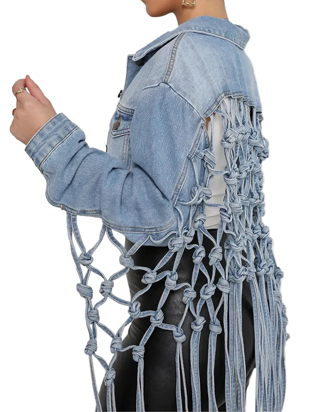 Rear angled view of a light blue denim jacket showing the open knotted lattice panel and long hanging ties.