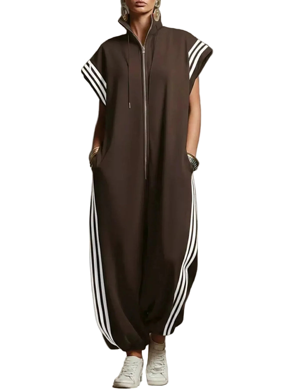 Model wearing a dark brown zip-front jumpsuit with white side stripes, a stand collar, and gathered hems.