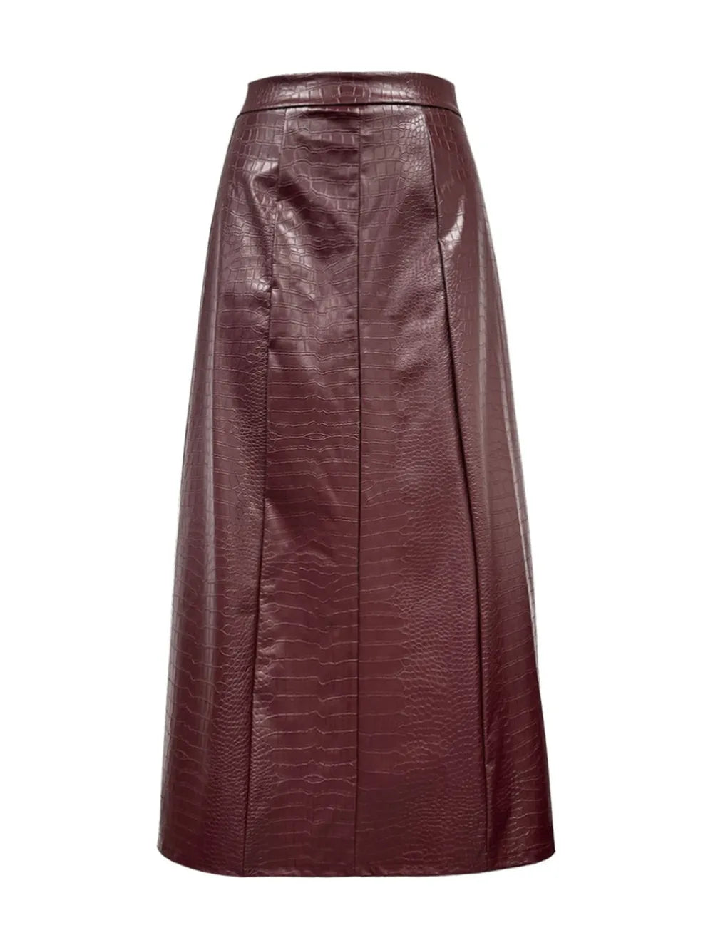 Burgundy textured A-line midi skirt with a wide waistband and vertical panel seams, product view.