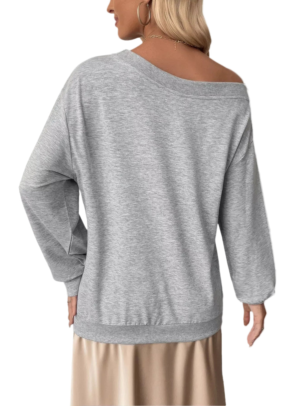 Back view of a gray boat-neck sweatshirt with long sleeves and a ribbed hem.