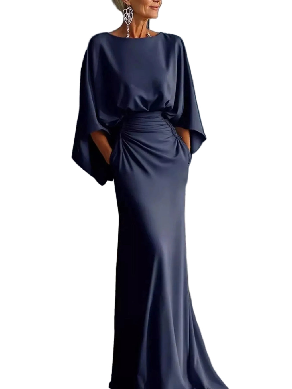 Model wearing a navy gown with wide draped sleeves, a ruched waist, and a flared floor-length skirt.