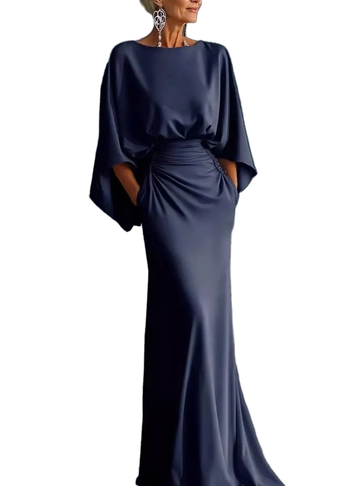 Model wearing a navy gown with wide draped sleeves, a ruched waist, and a flared floor-length skirt.