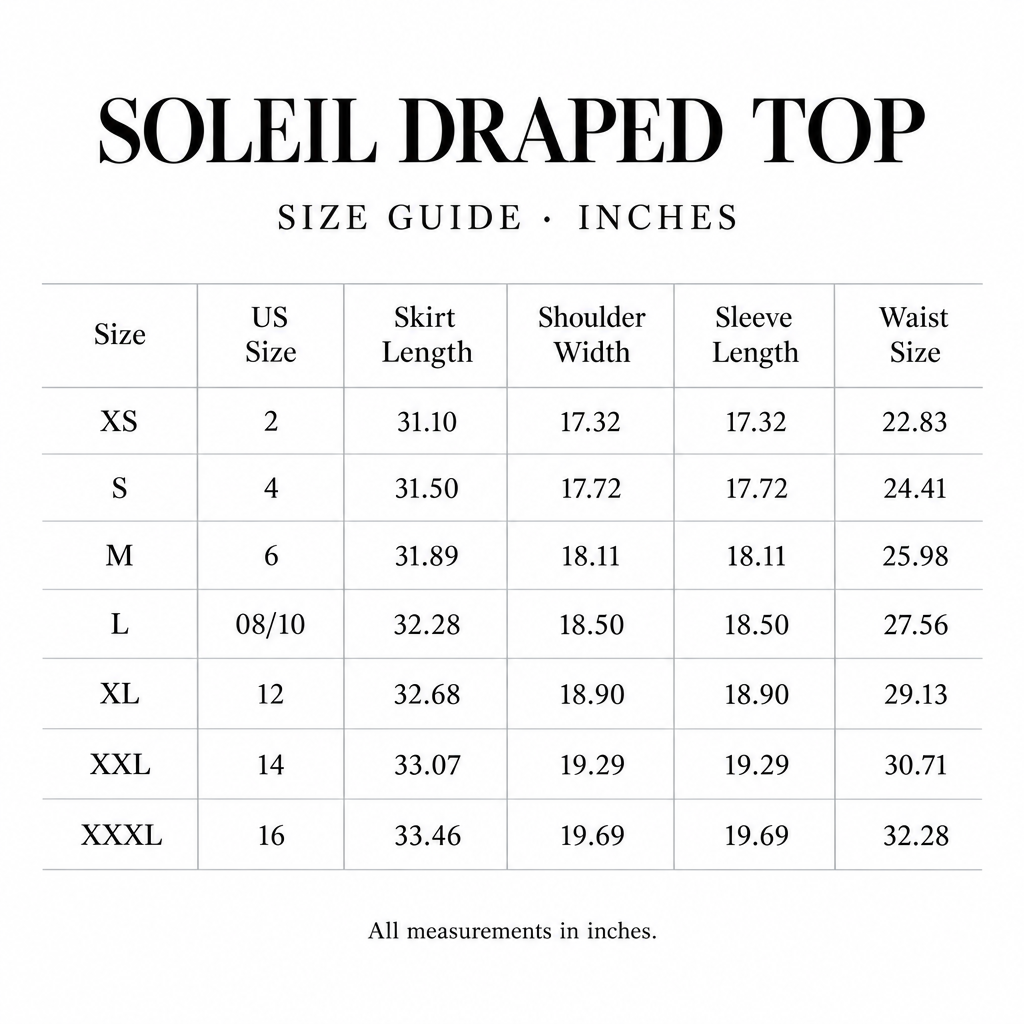 Soleil Draped Top size chart for XS-XXXL, with US sizes and garment measurements in inches.