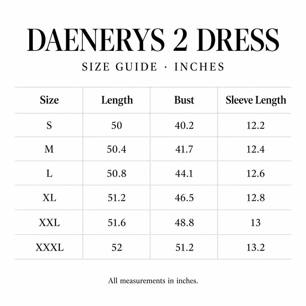 Daenerys 2 Dress size chart for S-XXXL, with length, bust, and sleeve measurements in inches.