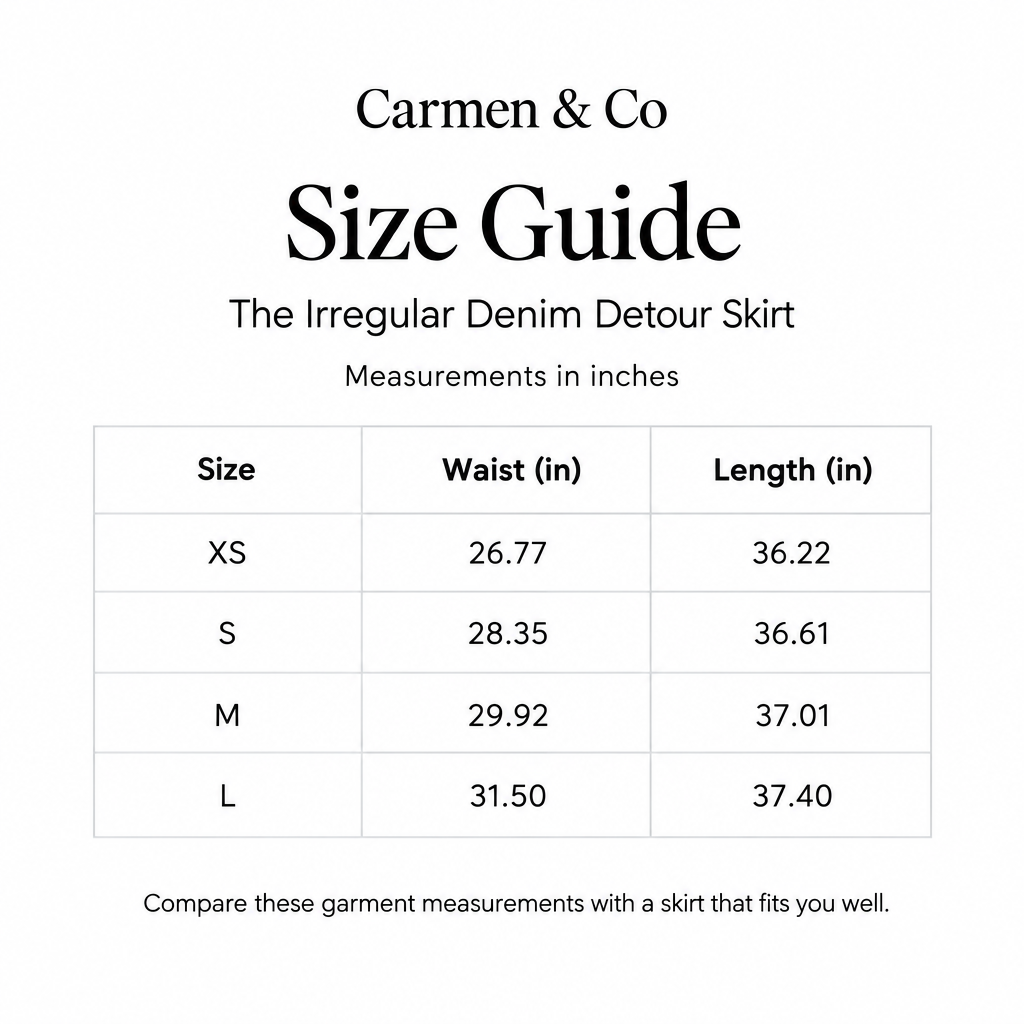 Irregular Denim Detour Skirt size chart for XS-L, with waist and length measurements in inches.