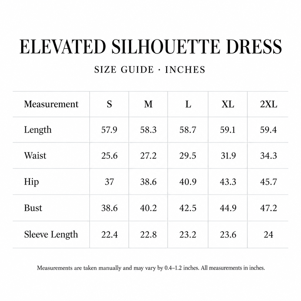 Elevated Silhouette Dress size chart for S-2XL, with length, waist, hip, bust, and sleeve values in inches.