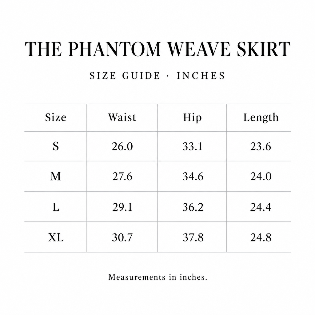 Phantom Weave Skirt size chart for S-XL, showing waist, hip, and length measurements in inches.