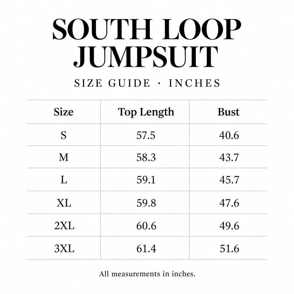 South Loop Jumpsuit size chart for S-3XL, with top length and bust measurements in inches.