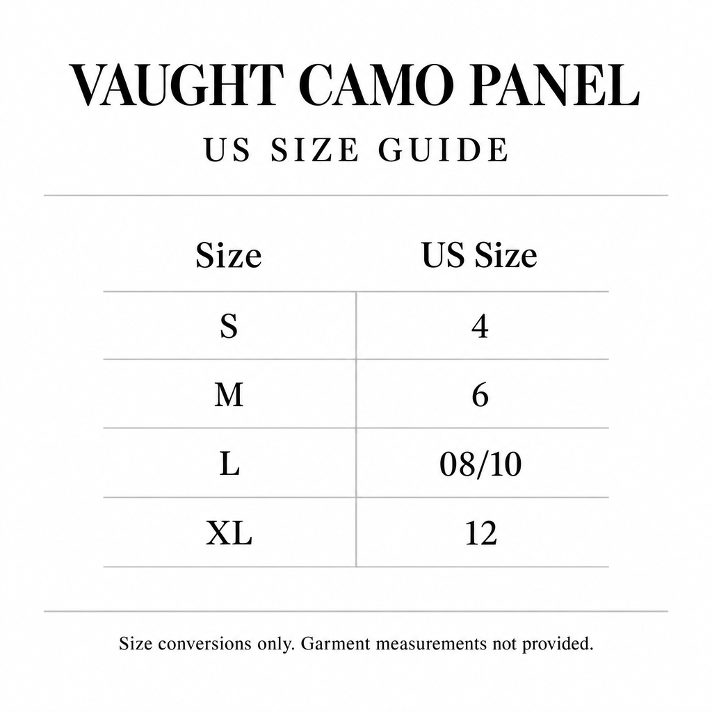 Camo-panel denim US size conversion chart for S-XL, corresponding to US sizes 4-12.
