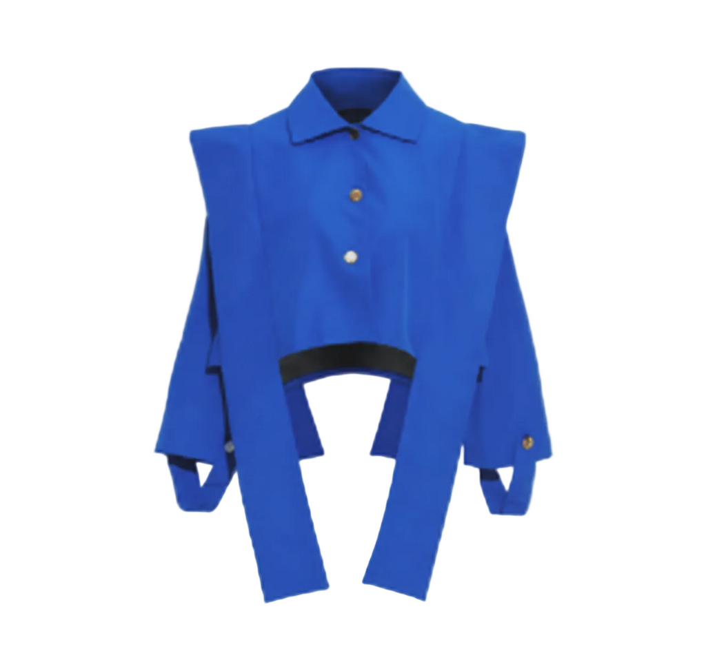 Royal blue collared cropped jacket with gold buttons and long hanging front panels, product view.