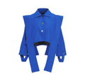 Royal blue collared cropped jacket with gold buttons and long hanging front panels, product view.