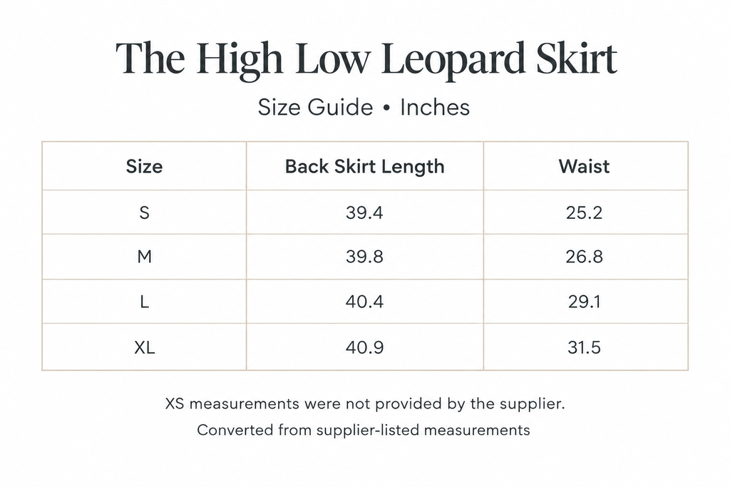 High-Low Leopard Skirt size chart with measurements in inches.