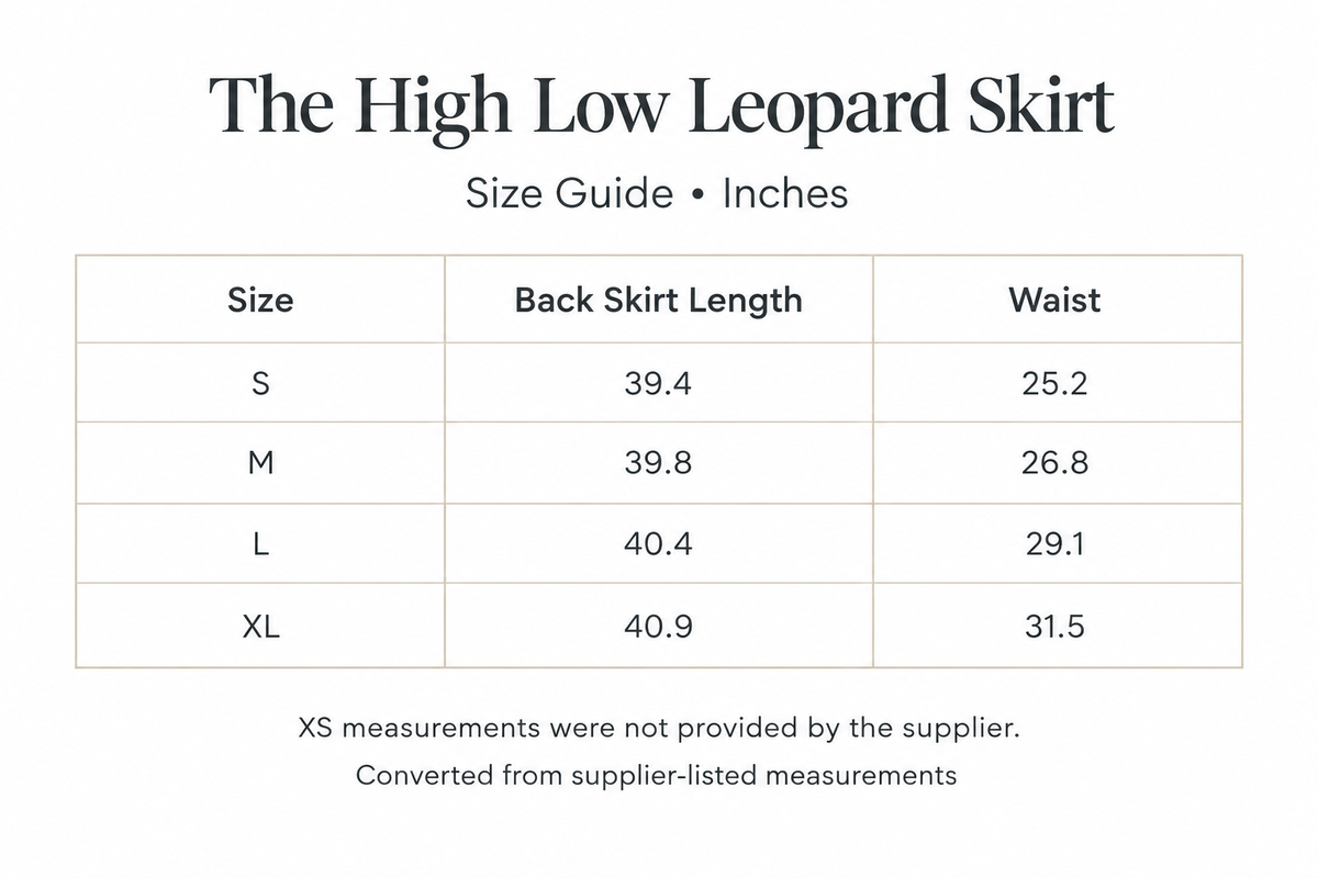 High-Low Leopard Skirt size chart with measurements in inches.