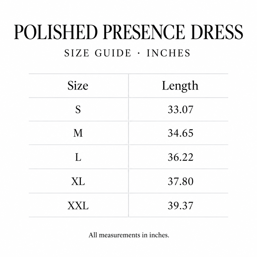Polished Presence Dress size chart for S-XXL, showing length measurements in inches.
