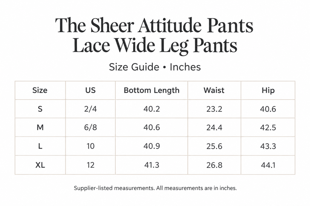 Sheer Attitude Pants size chart for S-XL, with US sizes and length, waist, and hip measurements in inches.