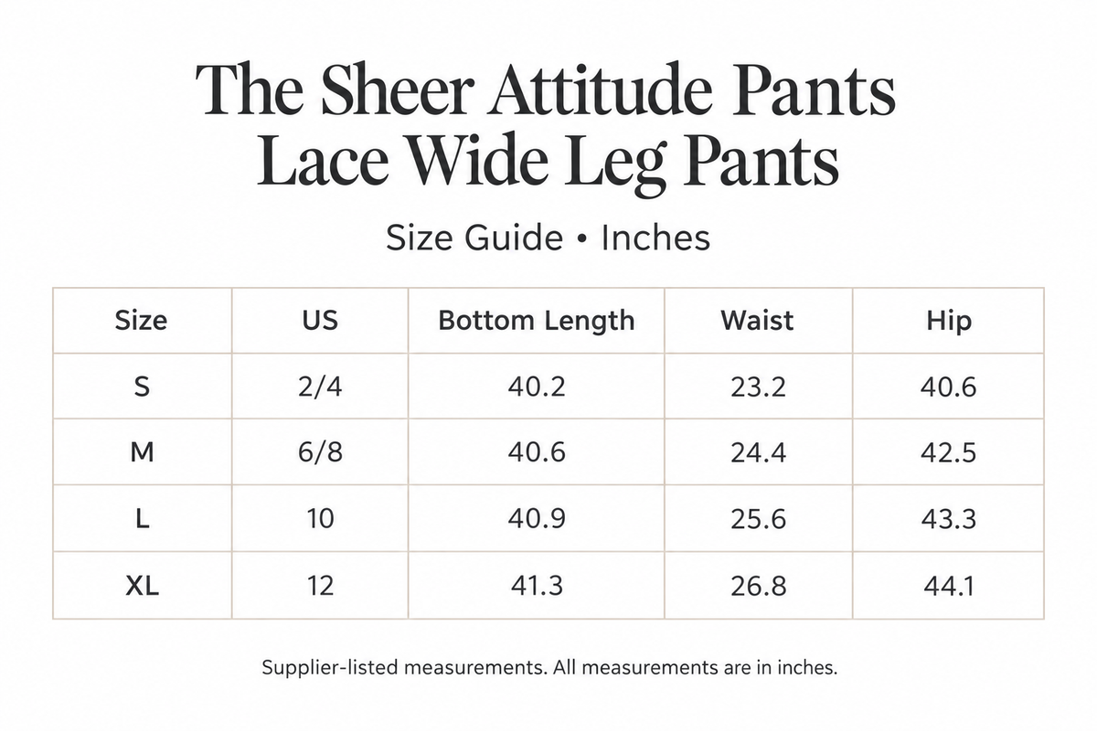Sheer Attitude Pants size chart for S-XL, with US sizes and length, waist, and hip measurements in inches.
