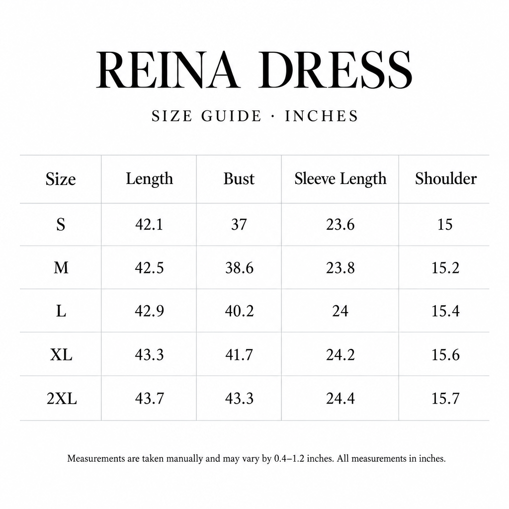 Reina Dress size chart for S-2XL, with length, bust, sleeve, and shoulder measurements in inches.