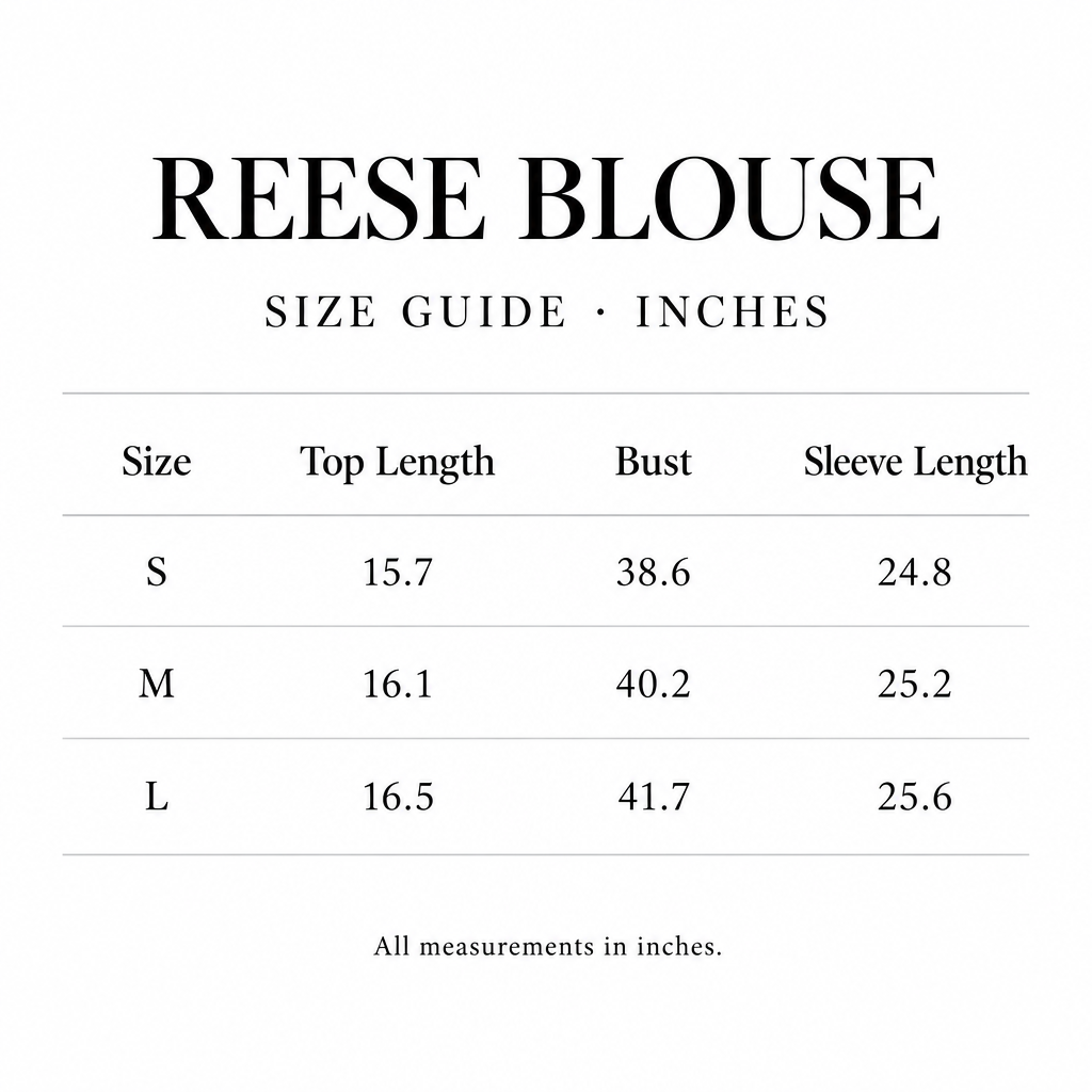 Reese Blouse size chart for S-L, with length, bust, and sleeve measurements in inches.