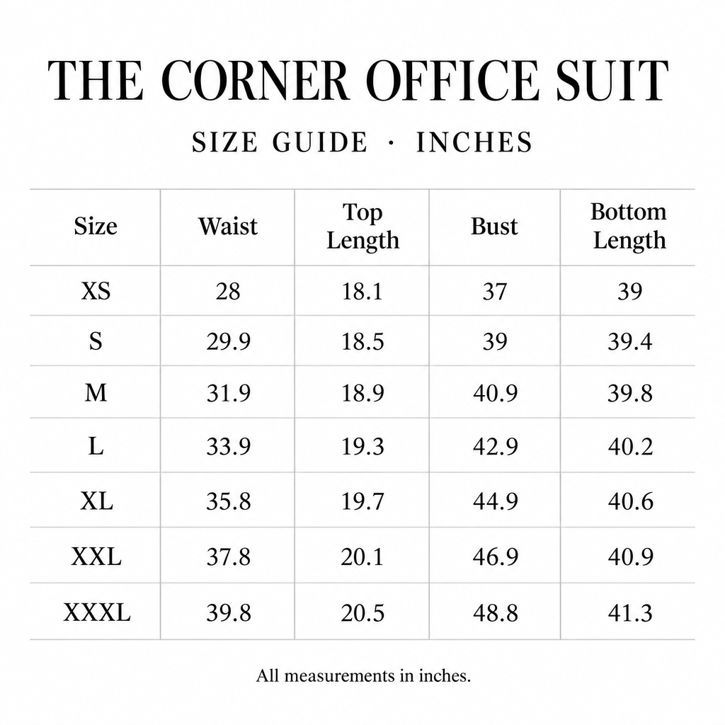 Corner Office Suit size chart for XS-XXXL, with waist, top length, bust, and bottom length measurements in inches.