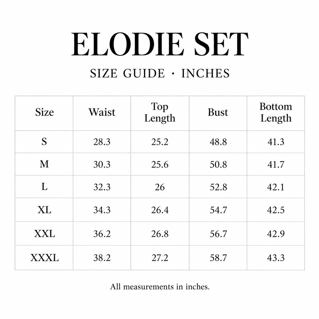 Elodie Set size chart for S-XXXL, with waist, top length, bust, and bottom length measurements in inches.