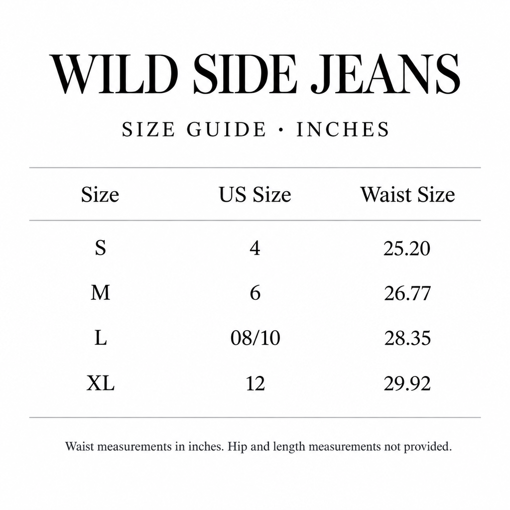 Wild Side Jeans size chart for S-XL, with US sizes and waist measurements in inches.
