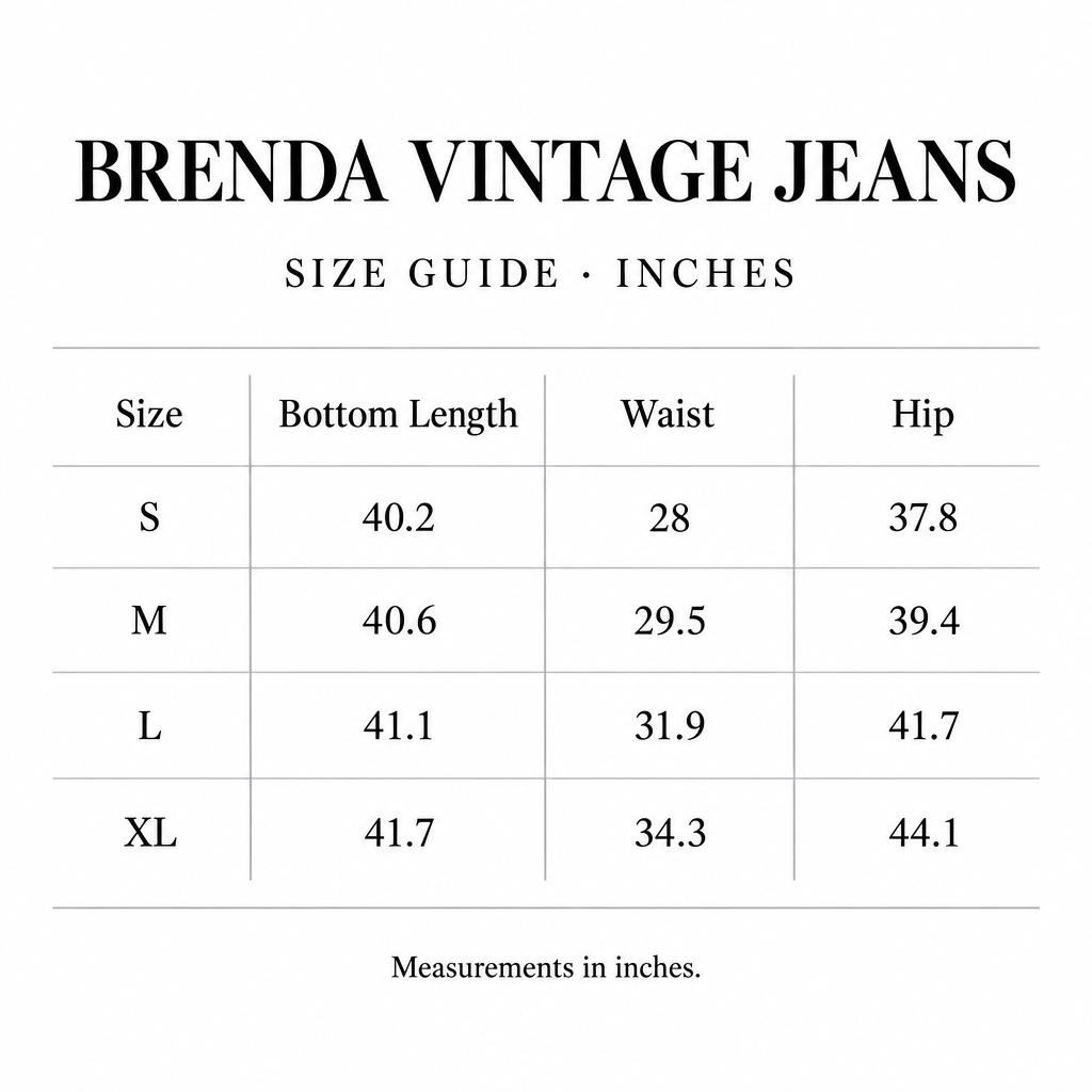 Brenda Vintage Jeans size chart for S-XL, with length, waist, and hip measurements in inches.