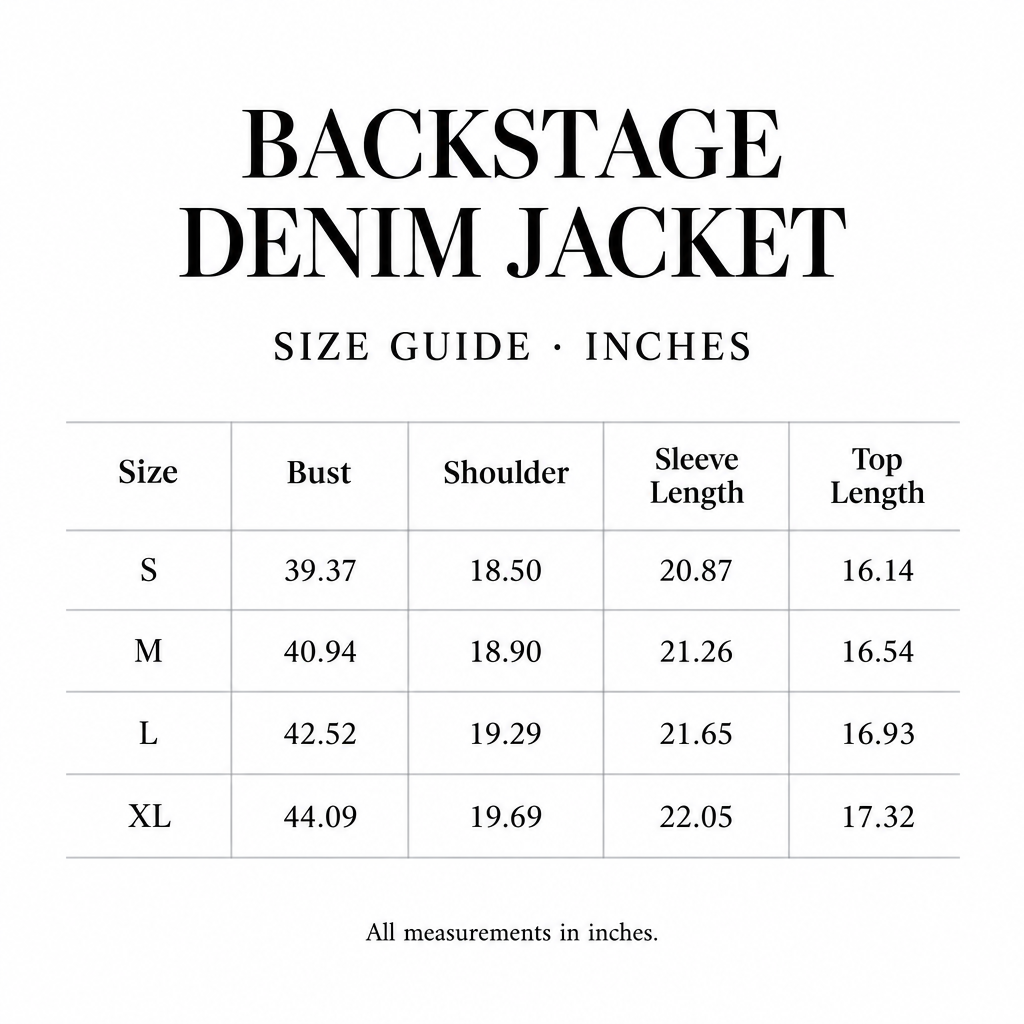 Backstage Denim Jacket size chart for S-XL, with bust, shoulder, sleeve, and top length measurements in inches.