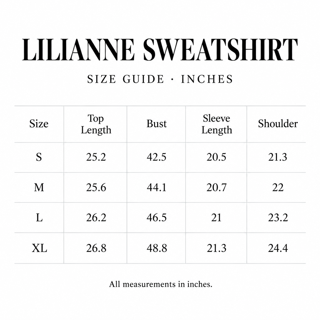 Lilianne Sweatshirt size chart for S-XL, with length, bust, sleeve, and shoulder measurements in inches.