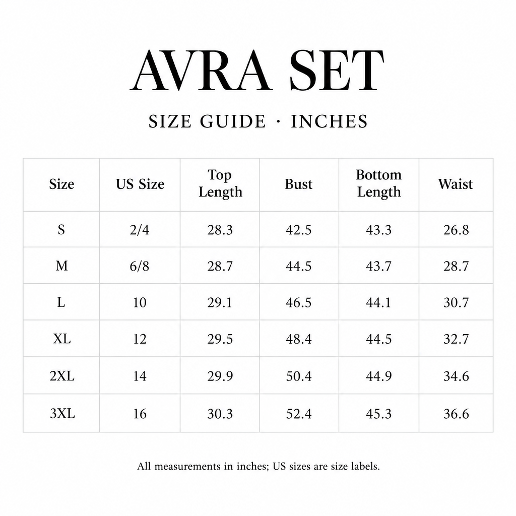 Avra Set size chart for S-3XL, with US sizes and top length, bust, bottom length, and waist values in inches.