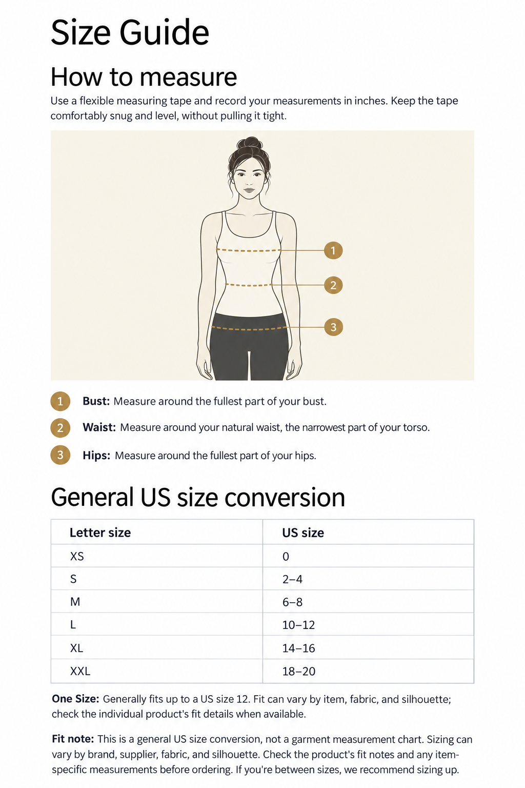 General US size conversion chart with instructions for measuring bust, waist, and hips in inches.