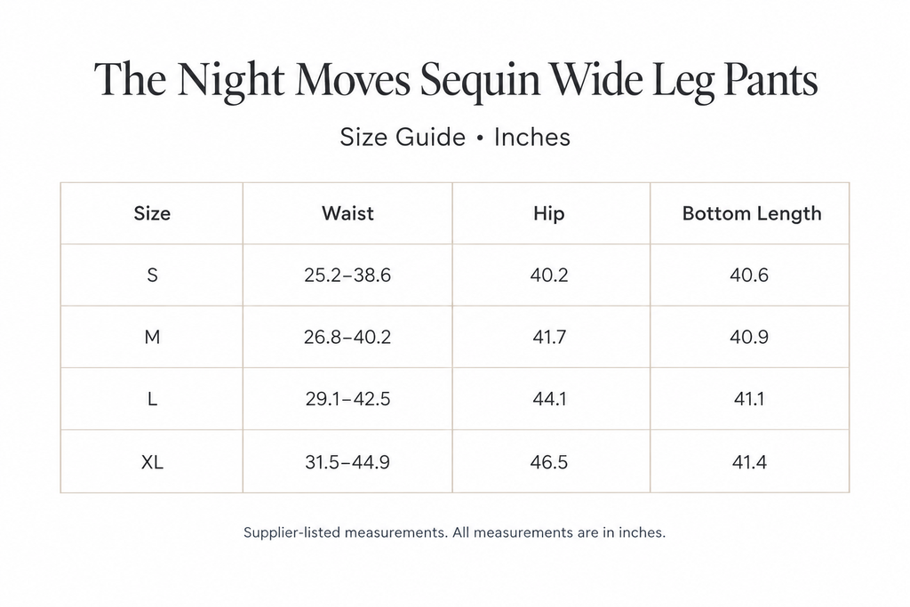 Night Moves Pants size chart for S-XL, with waist ranges, hip, and length measurements in inches.