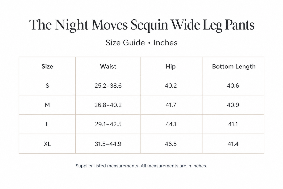 Night Moves Pants size chart for S-XL, with waist ranges, hip, and length measurements in inches.