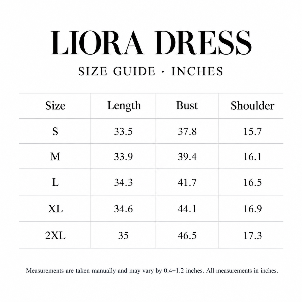 Liora Dress size chart for S-2XL, with length, bust, and shoulder measurements in inches.