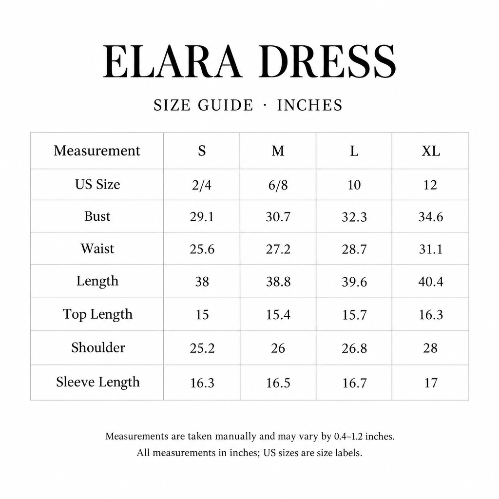 Elara Dress size chart for S-XL, with US sizes and dress and top measurements in inches.