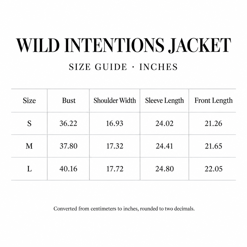 Wild Intentions Jacket size chart for S-L, with bust, shoulder, sleeve, and front length measurements in inches.
