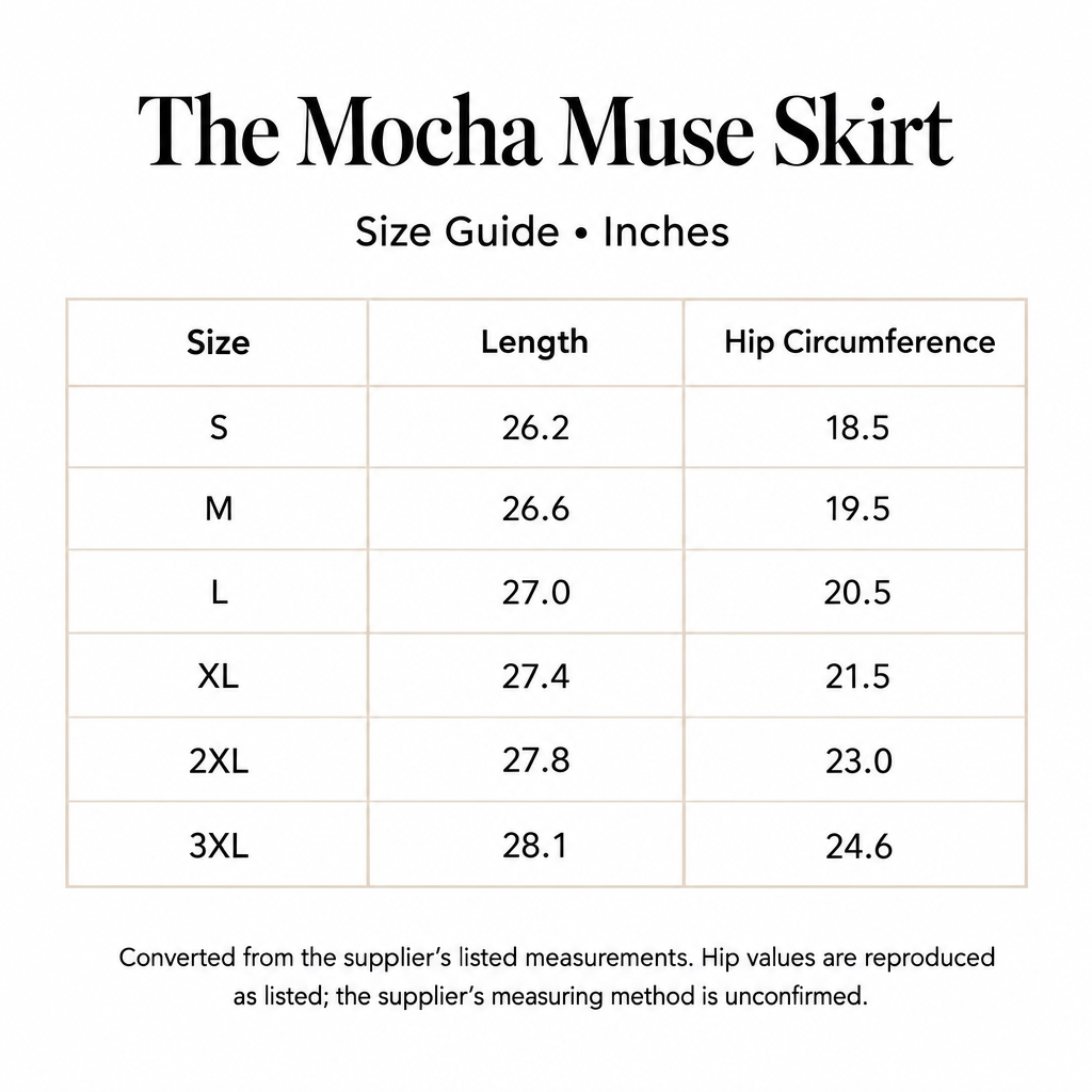 Mocha Muse Skirt size chart for S-3XL in inches, with a note about unconfirmed supplier hip measurements.