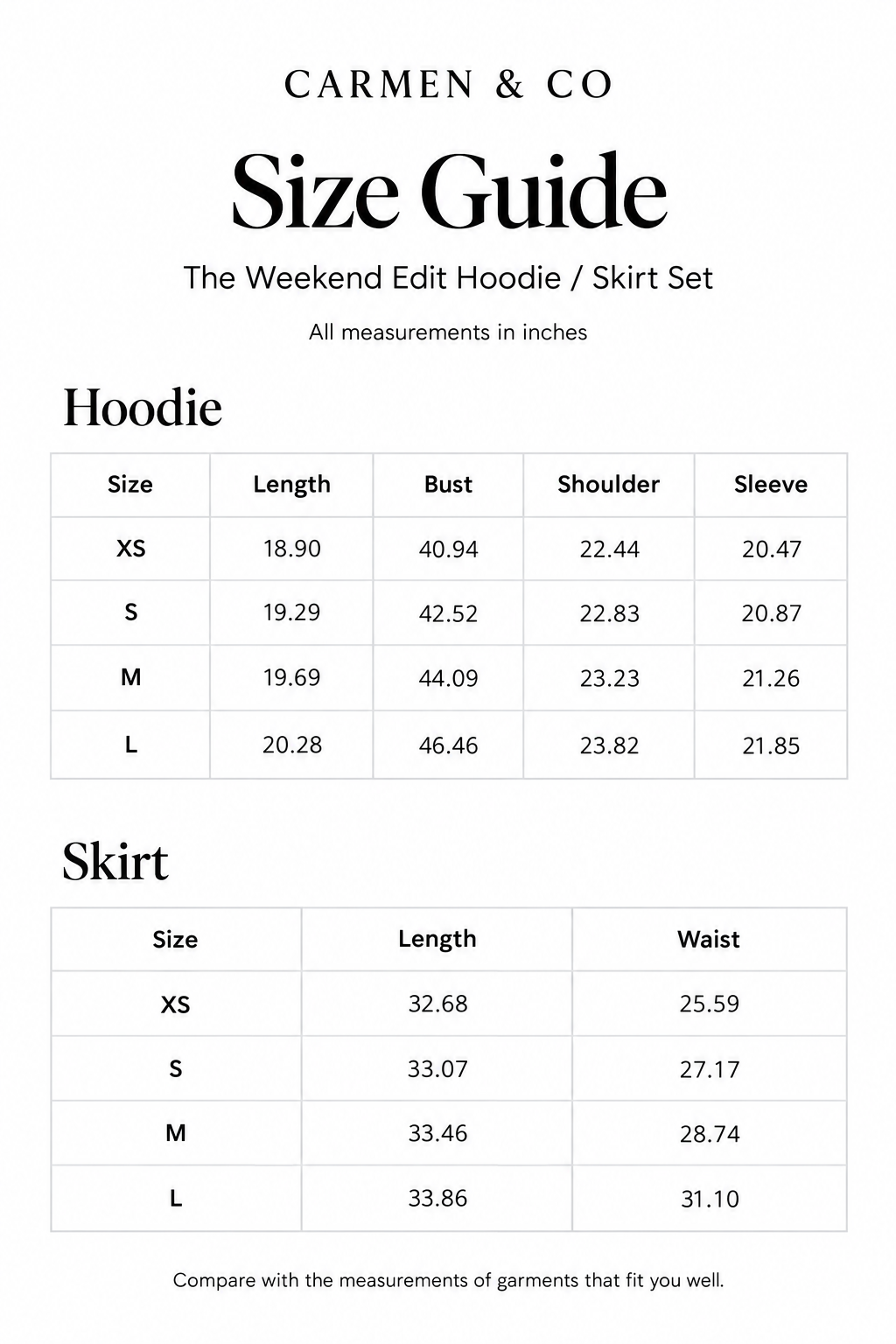Weekend Edit Set size chart for XS-L, with hoodie and skirt measurements in inches.