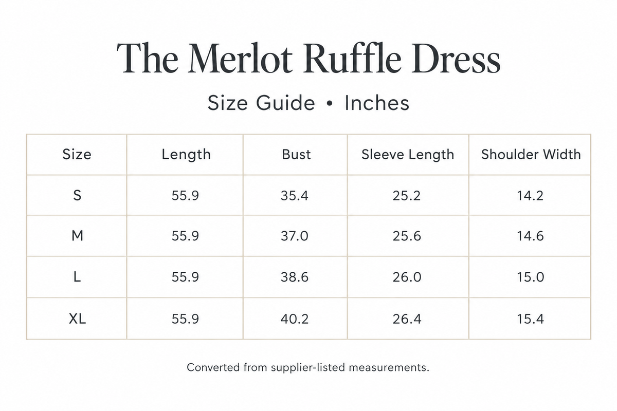 Merlot Ruffle Dress size chart for S-XL, with length, bust, sleeve, and shoulder measurements in inches.