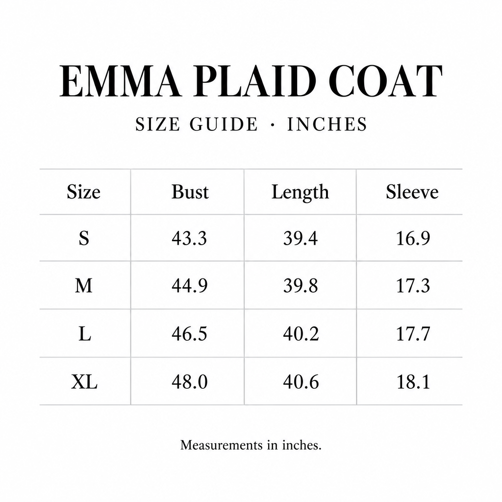 Emma Plaid Coat size chart for S-XL, with bust, length, and sleeve measurements in inches.