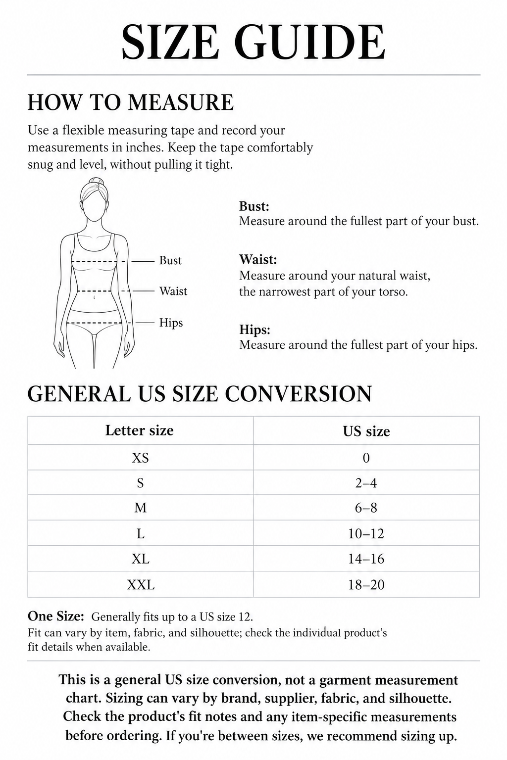 General US size conversion chart with instructions for measuring bust, waist, and hips in inches.