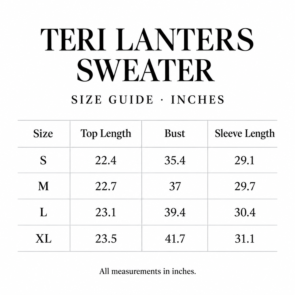 Teri Lantern Sweater size chart for S-XL, with length, bust, and sleeve measurements in inches.