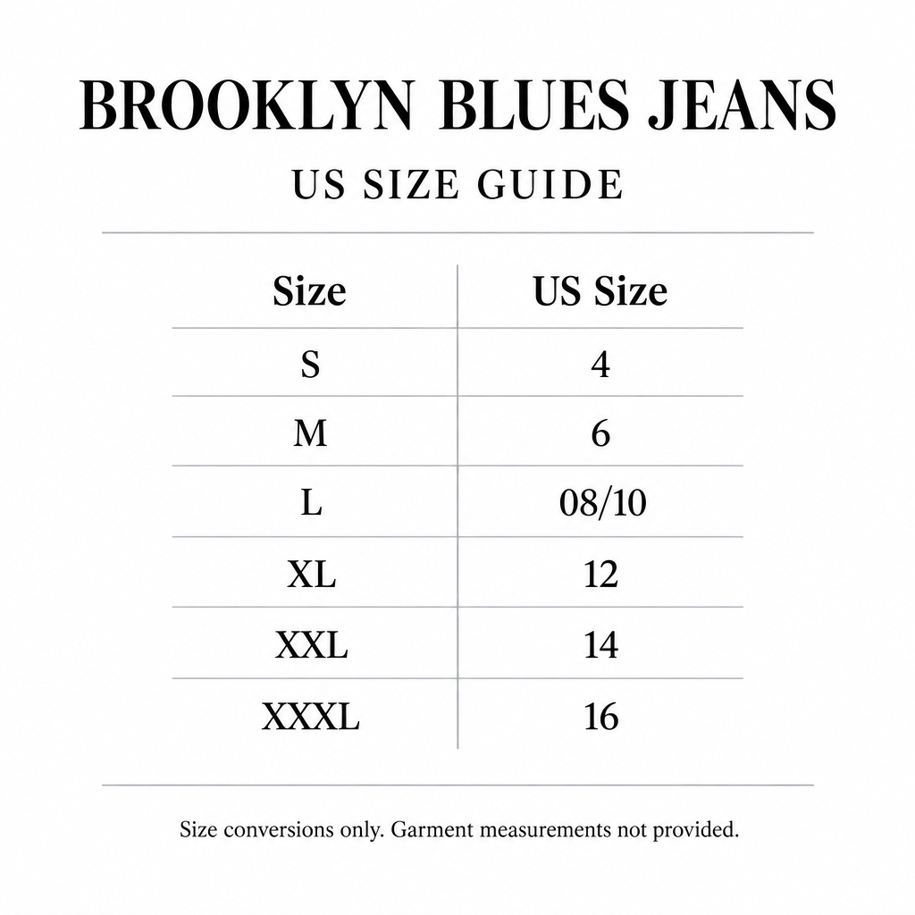 Brooklyn Blues Jeans size conversion chart for S-XXXL, corresponding to US sizes 4-16.
