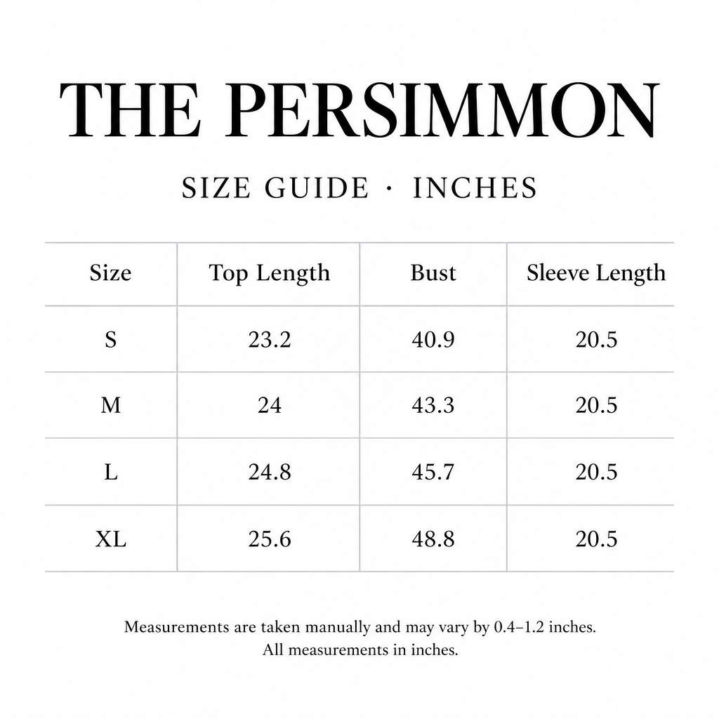 Persimmon Polka Sweater size chart for S-XL, with length, bust, and sleeve measurements in inches.