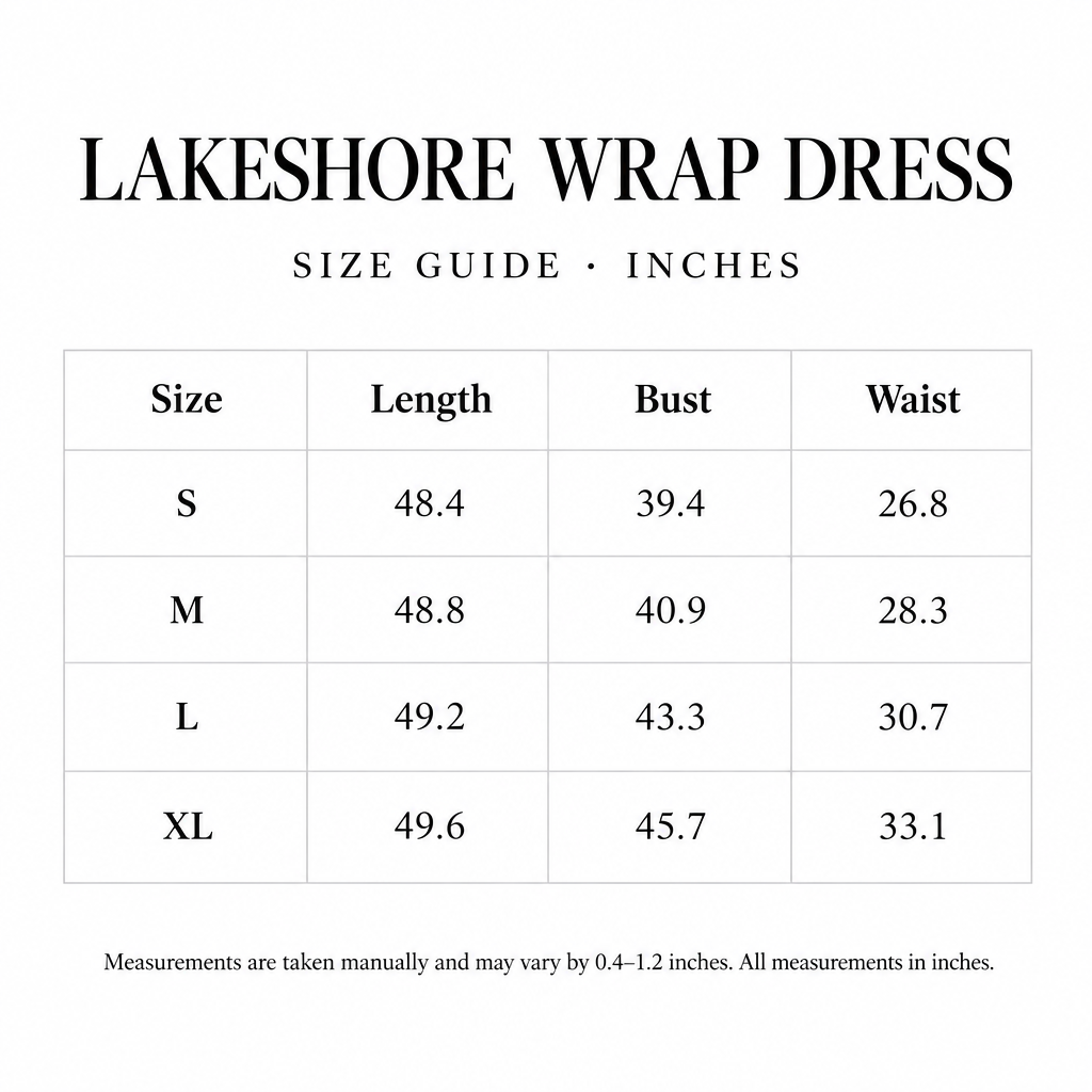 Lakeshore Wrap Dress size chart for S-XL, with length, bust, and waist measurements in inches.