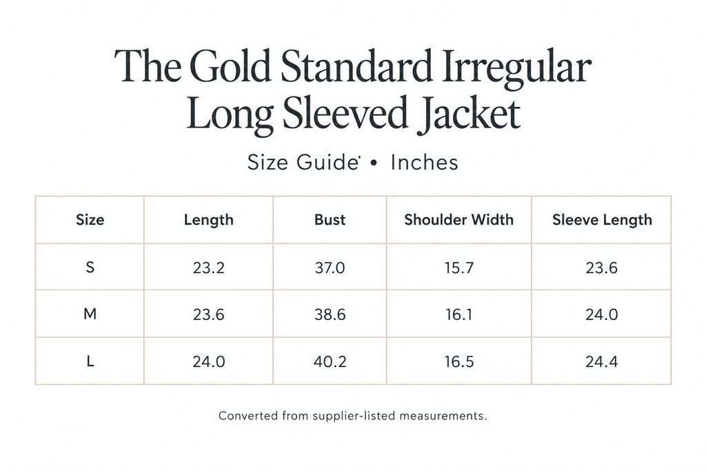 Gold Standard Jacket size chart for S-L, with length, bust, shoulder, and sleeve measurements in inches.