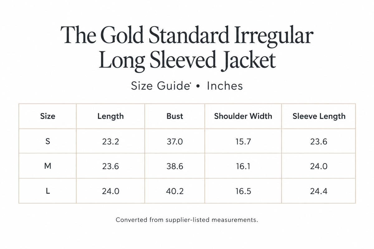 Gold Standard Jacket size chart for S-L, with length, bust, shoulder, and sleeve measurements in inches.