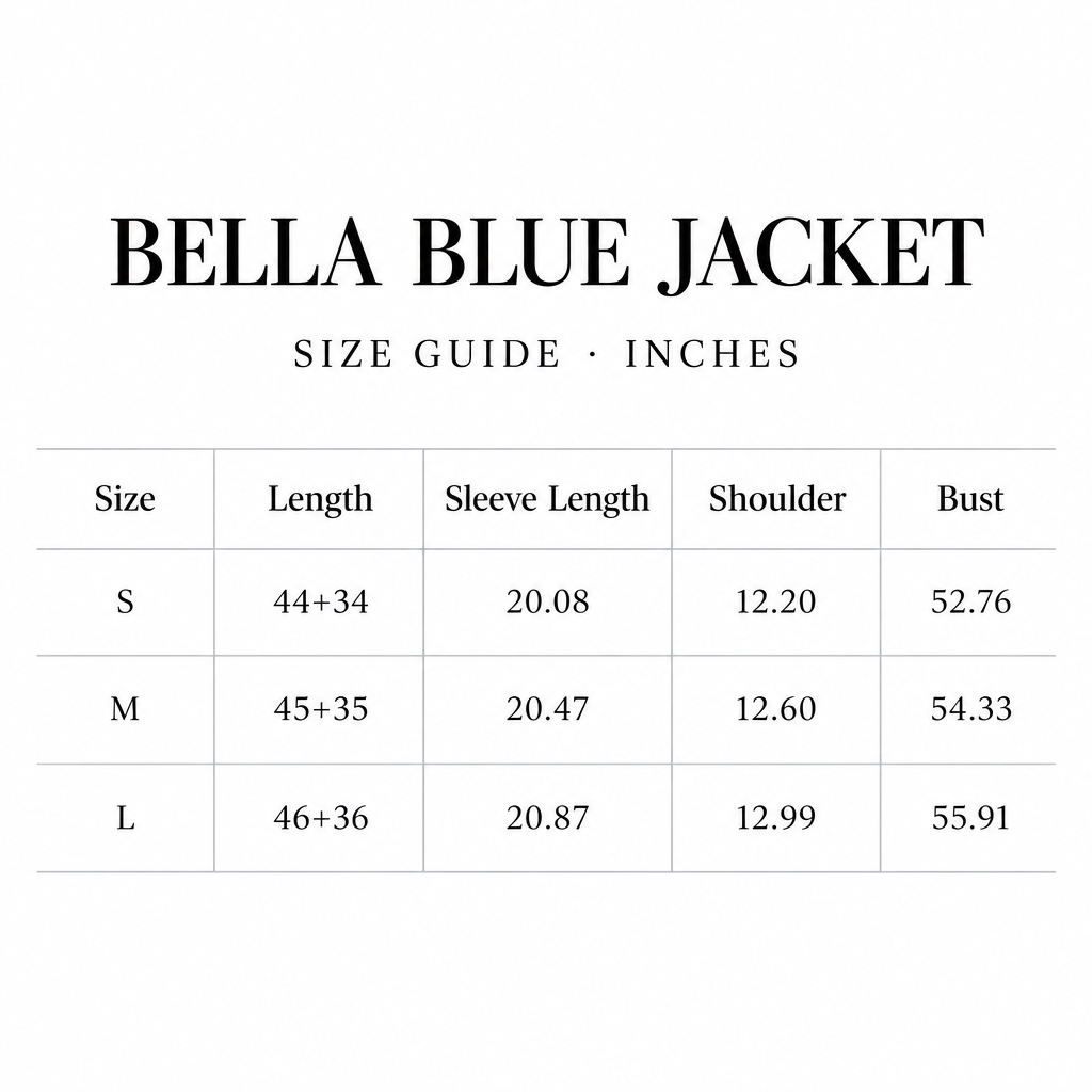 Bella Blue Jacket size chart for S-L, with supplier-listed length, sleeve, shoulder, and bust values in inches.