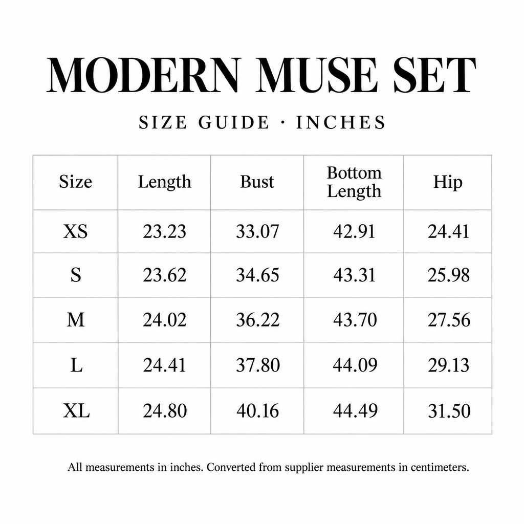 Modern Muse Set size chart for XS-XL, with top length, bust, bottom length, and hip values in inches.